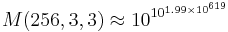 M(256,3,3)\approx10^{\,\!10^{1.99\times 10^{619}}}