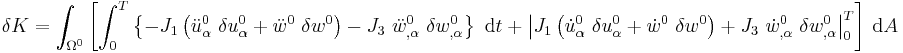 
   \delta K = 
      \int_{\Omega^0} \left[\int_0^T \left\{
      - J_1\left(\ddot{u}^0_{\alpha}~\delta u^0_\alpha 
               %2B \ddot{w}^0~\delta w^0\right) 
      - J_3~\ddot{w}^0_{,\alpha}~\delta w^0_{,\alpha}\right\}~\mathrm{d}t 
      %2B \left|J_1\left(\dot{u}^0_{\alpha}~\delta u^0_\alpha 
               %2B \dot{w}^0~\delta w^0\right) 
      %2B J_3~\dot{w}^0_{,\alpha}~\delta w^0_{,\alpha}\right|_0^T
    \right]~\mathrm{d}A
