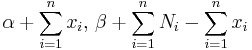 \alpha %2B \sum_{i=1}^n x_i,\, \beta %2B \sum_{i=1}^nN_i - \sum_{i=1}^n x_i\!