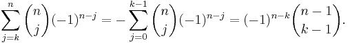 \sum_{j=k}^n\binom nj(-1)^{n-j}
=-\sum_{j=0}^{k-1}\binom nj(-1)^{n-j}
=(-1)^{n-k}\binom{n-1}{k-1}.