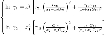 
\left\{\begin{matrix} \ln\ \gamma_1=x^2_2\left[\tau_{21}\left(\frac{G_{21}}{x_1%2Bx_2 G_{21}}\right)^2 %2B\frac{\tau_{12} G_{12}} {(x_2%2Bx_1 G_{12})^2 }\right] \\
\\ \ln\ \gamma_2=x^2_1\left[\tau_{12}\left(\frac{G_{12}}{x_2%2Bx_1 G_{12}}\right)^2 %2B\frac{\tau_{21} G_{21}} {(x_1%2Bx_2 G_{21})^2 }\right]
\end{matrix}\right.