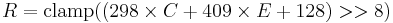 R = \mathrm{clamp}(( 298 \times C                %2B 409 \times E %2B 128) >> 8)