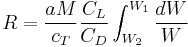 R=\frac{aM}{c_T}\frac{C_L}{C_D}\int_{W_2}^{W_1}\frac{dW}{W}