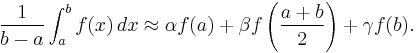  \frac{1}{b-a} \int_{a}^{b} f(x) \, dx \approx \alpha f(a) %2B \beta f\left(\frac{a%2Bb}{2}\right) %2B \gamma f(b).