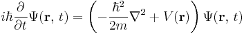 i\hbar\frac{\partial}{\partial t} \Psi(\mathbf{r},\,t) =  \left(-\frac{\hbar^2}{2m}\nabla^2 %2B V(\mathbf{r})\right)\Psi(\mathbf{r},\,t)