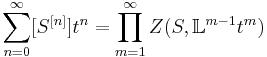 \sum_{n=0}^\infty[S^{[n]}]t^n=\prod_{m=1}^\infty Z(S,{\Bbb L}^{m-1}t^m)