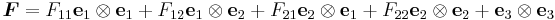 
  \boldsymbol{F} = F_{11}\mathbf{e}_1\otimes\mathbf{e}_1 %2B F_{12}\mathbf{e}_1\otimes\mathbf{e}_2 %2B F_{21}\mathbf{e}_2\otimes\mathbf{e}_1 %2B F_{22}\mathbf{e}_2\otimes\mathbf{e}_2 %2B \mathbf{e}_3\otimes\mathbf{e}_3
 