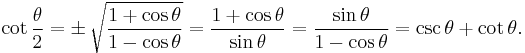 \cot \frac{\theta}{2} = \pm\, \sqrt\frac{1 %2B \cos \theta}{1 - \cos \theta} = \frac{1 %2B \cos \theta}{\sin \theta} = \frac{\sin \theta}{1 - \cos \theta} = \csc \theta %2B \cot \theta.\,