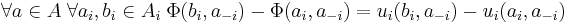  \forall {a\in A} \; \forall {a_{i},b_{i}\in A_{i}} \; \Phi(b_{i},a_{-i})-\Phi(a_{i},a_{-i}) = u_{i}(b_{i},a_{-i})-u_{i}(a_{i},a_{-i})