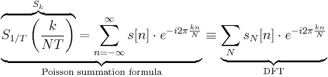 \underbrace{\overbrace{S_{1/T}\left(\frac{k}{NT}\right)}^{S_k} = \sum_{n=-\infty}^{\infty} s[n]\cdot e^{-i 2\pi \frac{kn}{N}}}_{\text{Poisson summation formula}} \equiv \underbrace{\sum_{N} s_N[n]\cdot e^{-i 2\pi \frac{kn}{N}}}_{\text{DFT}}