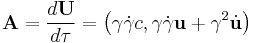 \mathbf{A} =\frac{d\mathbf{U} }{d \tau} = \left(\gamma \dot{\gamma} c, \gamma \dot{\gamma} \mathbf{u} %2B \gamma^2 \dot{\mathbf{u}} \right)