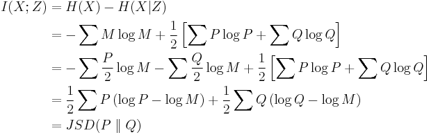 \begin{align}
I(X; Z) &= H(X) - H(X|Z)\\
&= -\sum M \log M %2B \frac{1}{2} \left[ \sum P \log P %2B \sum Q \log Q \right] \\
&= -\sum \frac{P}{2} \log M - \sum \frac{Q}{2} \log M %2B \frac{1}{2} \left[ \sum P \log P %2B \sum Q \log Q \right] \\
&= \frac{1}{2} \sum P \left( \log P - \log M\right ) %2B \frac{1}{2} \sum Q  \left( \log Q - \log M \right) \\
&= JSD(P \parallel Q)
\end{align}
