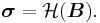 \ \boldsymbol{\sigma} = \mathcal{H}(\boldsymbol{B}). 