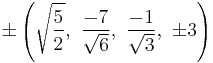 \pm\left(\sqrt{\frac{5}{2}},\ \frac{-7}{\sqrt{6}},\ \frac{-1}{\sqrt{3}},\ \pm3\right)