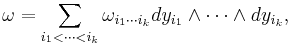 \omega = \sum_{i_1 < \cdots < i_k} \omega_{i_1\cdots i_k}dy_{i_1} \wedge \cdots \wedge dy_{i_k},