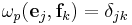 \omega_{p}({\mathbf e}_j,{\mathbf f}_k)=\delta_{jk}\,