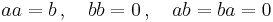 \textstyle a a = b \, , \quad b b = 0 \, , \quad a b = b a = 0 