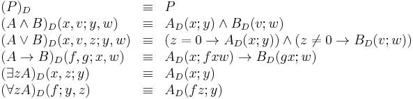 
\begin{array}{lcl}
(P)_D & \equiv & P \\
(A \wedge B)_D(x, v; y, w) & \equiv & A_D(x; y) \wedge B_D(v; w) \\
(A \vee B)_D(x, v, z; y, w) & \equiv & (z = 0 \rightarrow A_D(x; y)) \wedge (z \neq 0 \to B_D(v; w)) \\
(A \rightarrow B)_D(f, g; x, w) & \equiv & A_D(x; f x w) \rightarrow B_D(g x; w) \\
(\exists z A)_D(x, z; y) & \equiv & A_D(x; y) \\
(\forall z A)_D(f; y, z) & \equiv & A_D(f z; y)
\end{array}
