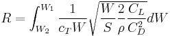 R=\int_{W_2}^{W_1}\frac{1}{c_T W} \sqrt{\frac{W}{S}\frac{2}{\rho}\frac{C_L}{C_D^2}}dW