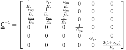 
   \underline{\underline{\mathsf{C}}}^{-1} = \begin{bmatrix}
    \tfrac{1}{E_{\rm x}} & - \tfrac{\nu_{\rm yx}}{E_{\rm x}} & - \tfrac{\nu_{\rm zx}}{E_{\rm z}} & 0 & 0 & 0 \\
    -\tfrac{\nu_{\rm xy}}{E_{\rm x}} & \tfrac{1}{E_{\rm x}} & - \tfrac{\nu_{\rm zx}}{E_{\rm z}} & 0 & 0 & 0 \\
    -\tfrac{\nu_{\rm xz}}{E_{\rm x}} & - \tfrac{\nu_{\rm xz}}{E_{\rm x}} & \tfrac{1}{E_{\rm z}} & 0 & 0 & 0 \\
    0 & 0 & 0 & \tfrac{1}{G_{\rm yz}} & 0 & 0 \\
    0 & 0 & 0 & 0 & \tfrac{1}{G_{\rm yz}} & 0 \\
    0 & 0 & 0 & 0 & 0 &  \tfrac{2(1%2B\nu_{\rm xy})}{E_{\rm x}}
    \end{bmatrix}
 