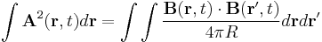  \int\mathbf{A}^2(\mathbf{r},t)d\mathbf{r} = \int\int\frac
{\mathbf{B}(\mathbf{r},t)\cdot\mathbf{B}(\mathbf{r'},t)}{4\pi R}d\mathbf{r}d\mathbf{r'}
