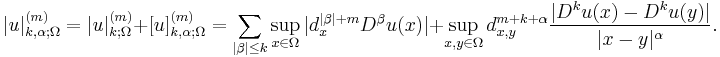 |u|^{(m)}_{k,\alpha;\Omega} = |u|^{(m)}_{k;\Omega} %2B [u]^{(m)}_{k,\alpha;\Omega} = \sum_{|\beta| \leq k} \sup_{x\in \Omega} |d_x^{|\beta|%2Bm} D^\beta u(x)| %2B  \sup_{x,y\in \Omega} d_{x,y}^{m%2Bk%2B\alpha} \frac{|D^k u(x) - D^k u(y)|}{|x-y|^\alpha}.