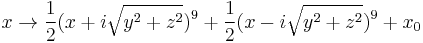 
x\rightarrow 
\frac{1}{2}(x%2Bi\sqrt{y^2%2Bz^2})^9%2B\frac{1}{2}(x-i\sqrt{y^2%2Bz^2})^9%2Bx_0
