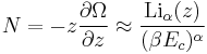 N = -z\frac{\partial\Omega}{\partial z} \approx\frac{\textrm{Li}_\alpha(z)}{(\beta E_c)^\alpha}