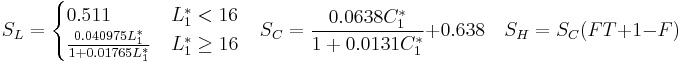 S_L=\begin{cases} 0.511 & L^*_1 < 16 \\ \frac{0.040975 L^*_1}{1%2B0.01765 L^*_1} & L^*_1 \geq 16 \end{cases} \quad S_C=\frac{0.0638 C^*_1}{1%2B0.0131 C^*_1} %2B 0.638 \quad S_H=S_C (FT%2B1-F)