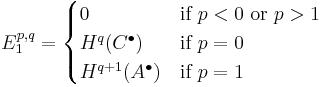 E^{p,q}_1
= \begin{cases}
0 & \text{if } p < 0 \text{ or } p > 1 \\
H^q(C^\bull) & \text{if } p = 0 \\
H^{q%2B1}(A^\bull) & \text{if } p = 1 \end{cases}