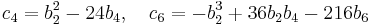 c_4 = b_2^2-24b_4,\quad c_6 = -b_2^3%2B36b_2b_4-216b_6