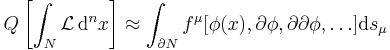 Q \left[ \int_N \mathcal{L} \, \mathrm{d}^n x \right] \approx 
 \int_{\partial N} f^\mu [\phi(x),\partial\phi,\partial\partial\phi,\ldots] \mathrm{d}s_{\mu} 