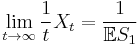  \lim_{t \to \infty} \frac{1}{t} X_t = \frac{1}{\mathbb{E}S_1} 