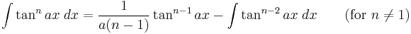 \int\tan^n ax\;dx = \frac{1}{a(n-1)}\tan^{n-1} ax-\int\tan^{n-2} ax\;dx \qquad\mbox{(for }n\neq 1\mbox{)}\,\!