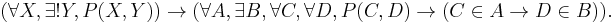 (\forall X, \exists�! Y, P(X,Y))\rightarrow (\forall A, \exists B, \forall C, \forall D, P(C,D)\rightarrow (C \in A \rightarrow D \in B)).