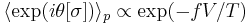 \langle \exp(i\theta[\sigma]) \rangle_p \propto \exp(-f V/T)