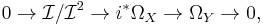 0 \to \mathcal{I}/\mathcal{I}^2 \to i^*\Omega_X \to \Omega_Y \to 0,