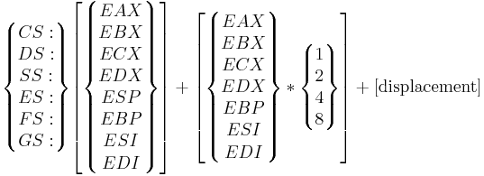 
\begin{Bmatrix}CS:\\DS:\\SS:\\ES:\\FS:\\GS:\end{Bmatrix}
\begin{bmatrix}\begin{Bmatrix}EAX\\EBX\\ECX\\EDX\\ESP\\EBP\\ESI\\EDI\end{Bmatrix}\end{bmatrix} %2B
\begin{bmatrix}\begin{Bmatrix}EAX\\EBX\\ECX\\EDX\\EBP\\ESI\\EDI\end{Bmatrix}*\begin{Bmatrix}1\\2\\4\\8\end{Bmatrix}\end{bmatrix} %2B
\rm [displacement]
