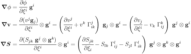 
   \begin{align}
   \boldsymbol{\nabla}\phi & = \cfrac{\partial\phi}{\partial \xi^i}~\mathbf{g}^i \\
   \boldsymbol{\nabla}\mathbf{v} & = \cfrac{\partial (v^j \mathbf{g}_j)}{\partial \xi^i}\otimes\mathbf{g}^i 
        = \left(\cfrac{\partial v^j}{\partial \xi^i} %2B v^k~\Gamma_{ik}^j\right)~\mathbf{g}_j\otimes\mathbf{g}^i
        = \left(\cfrac{\partial v_j}{\partial \xi^i} - v_k~\Gamma_{ij}^k\right)~\mathbf{g}^j\otimes\mathbf{g}^i\\
   \boldsymbol{\nabla}\boldsymbol{S} & = \cfrac{\partial (S_{jk}~\mathbf{g}^j\otimes\mathbf{g}^k)}{\partial \xi^i}\otimes\mathbf{g}^i 
        = \left(\cfrac{\partial S_{jk}}{\partial \xi_i}- S_{lk}~\Gamma_{ij}^l - S_{jl}~\Gamma_{ik}^l\right)~\mathbf{g}^j\otimes\mathbf{g}^k\otimes\mathbf{g}^i
   \end{align}
 