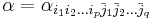 \alpha=\alpha_{i_1i_2\dots i_p\bar{j}_1\bar{j}_2\dots\bar{j}_q}