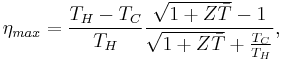 \eta_{max} = {T_H - T_C \over T_H} {\sqrt{1%2BZ\bar{T}}-1 \over \sqrt{1%2BZ\bar{T}} %2B {T_C \over T_H}},