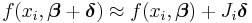 f(x_i,\boldsymbol \beta%2B\boldsymbol \delta) \approx f(x _i,\boldsymbol \beta) %2B J_i \boldsymbol \delta \!