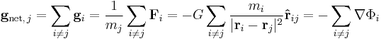  \bold{g}_{{\rm net}, \, j} = \sum_{i\neq j} \bold{g}_i = \frac{1}{m_j} \sum_{i \neq j} \bold{F}_i = - G\sum_{i \neq j}\frac{m_i}{|\bold{r}_i-\bold{r}_j|^2}\bold{\hat{r}}_{ij} =-\sum_{i \neq j}\nabla\Phi_i \,\!