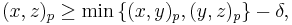 (x, z)_{p} \geq \min \big\{ (x, y)_{p}, (y, z)_{p} \big\} - \delta,