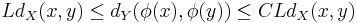  L d_X(x, y) \leq d_Y(\phi(x), \phi(y)) \leq CLd_X(x,y) 