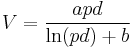 V=\frac{apd}{\ln(pd) %2B b}