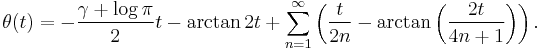 \theta(t) = -\frac{\gamma %2B \log \pi}{2}t - \arctan 2t 
%2B \sum_{n=1}^\infty \left(\frac{t}{2n} 
- \arctan\left(\frac{2t}{4n%2B1}\right)\right).