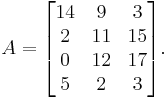 A=\begin{bmatrix}14&9&3\\2&11&15\\0&12&17\\5&2&3\end{bmatrix}.