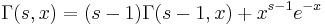 \Gamma(s,x)= (s-1)\Gamma(s-1,x) %2B x^{s-1} e^{-x}