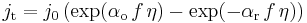 
j_{\text{t}}=j_0\left(\exp(\alpha_{\text{o}}\,f\, \eta)-\exp(-\alpha_{\text{r}}\,f\,\eta)\right)
